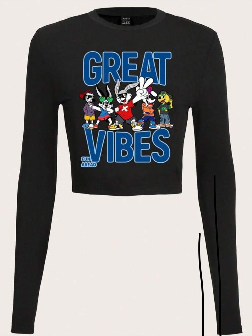 Black 'Great Vibes' Graphic Cropped Long-Sleeve Tee